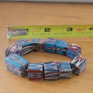 Vintage Polymer Clay Cube Bead Bracelet Marbled Boho Stretch Statement